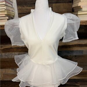 Valentine White Peplum Top with Sheer Organza Sleeves